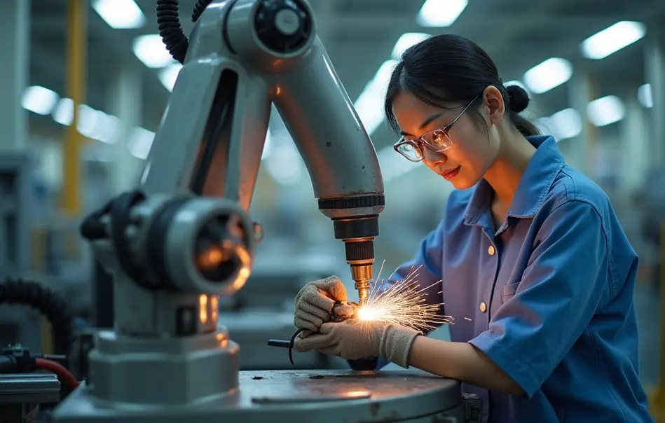 Mulher operando solda robótica e inspeção kensa em fábrica de autopeças em Toyota, Aichi