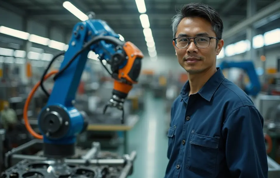 Trabalhador nikkei operando solda robótica e prensa de peças automotivas em fábrica moderna em Inabe, Mie