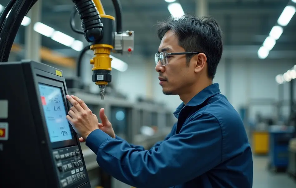 Operador nikkei realizando solda robótica em linha de autopeças em Takahama, província de Aichi, Japão