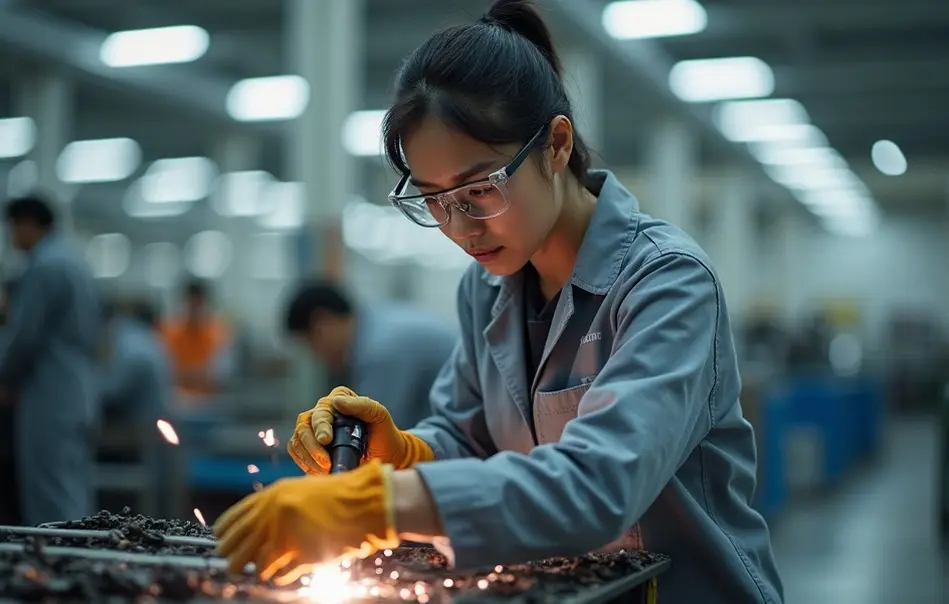Mulher nikkei operando solda spot em fábrica de autopeças em Ama, Aichi, Japão