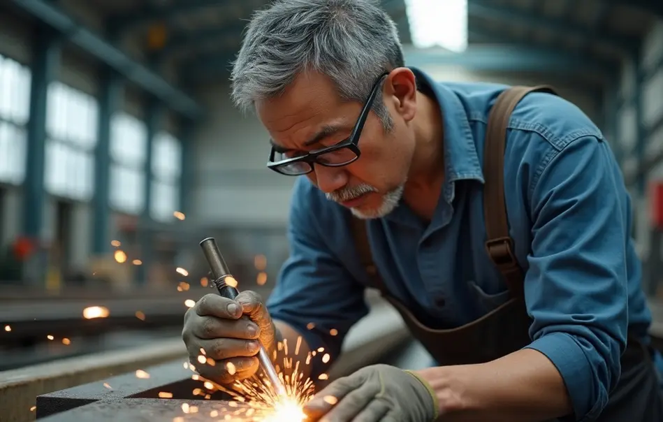 Soldador nikkei realizando solda de estruturas para construção civil em fábrica moderna em Fukaya, Saitama