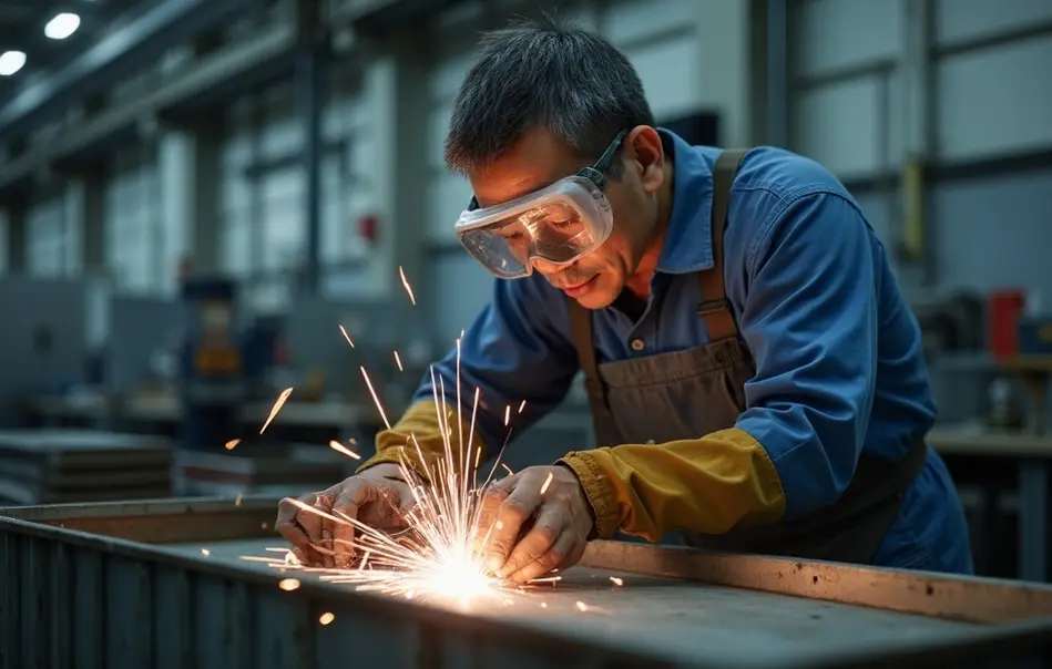 Soldador nikkei realizando soldagem de recipientes industriais em fábrica moderna de Izunokuni, Shizuoka
