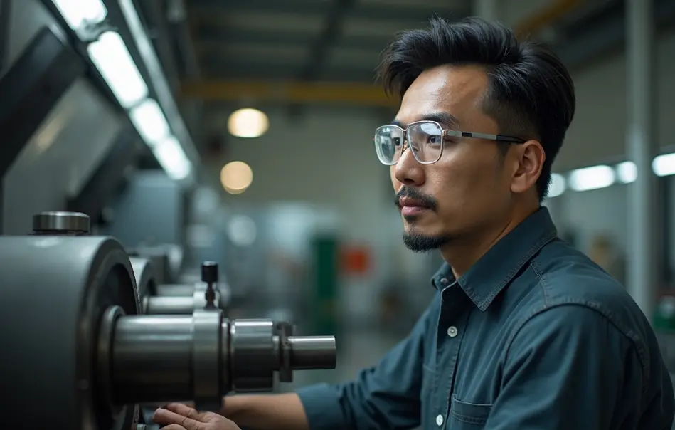 Operador nikkei realizando usinagem de precisão em autopeças na fábrica em Toyota, Aichi