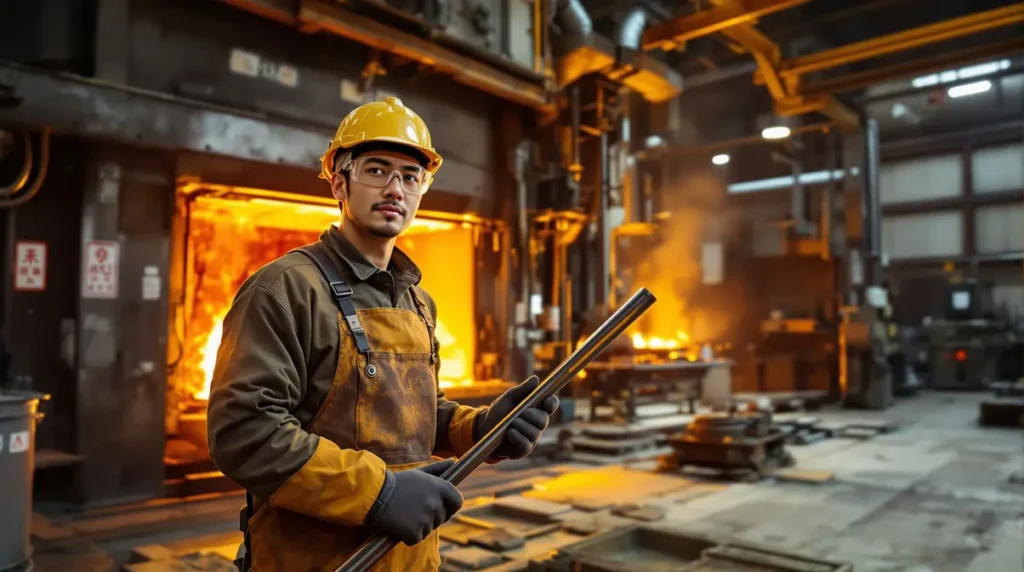 Trabalhador brasileiro descendente de japonês usando equipamento de proteção individual em ambiente de fundição de metais com alta temperatura no Japão