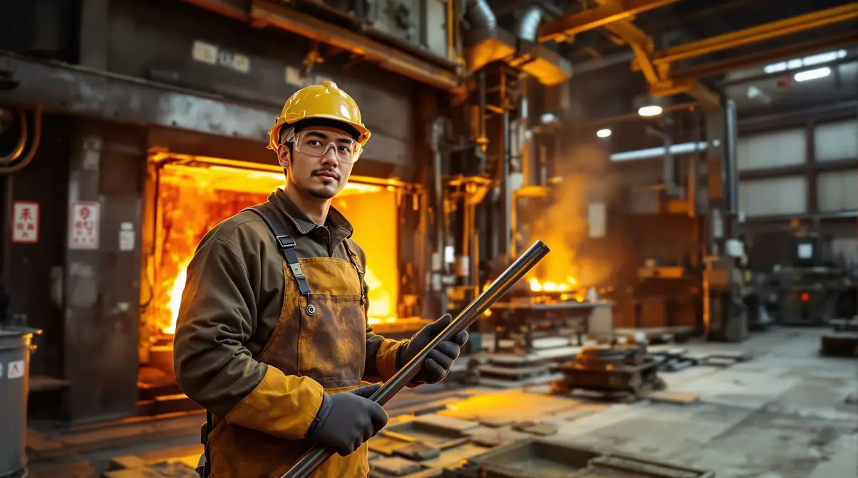 Trabalhador brasileiro descendente de japonês usando equipamento de proteção individual em ambiente de fundição de metais com alta temperatura no Japão