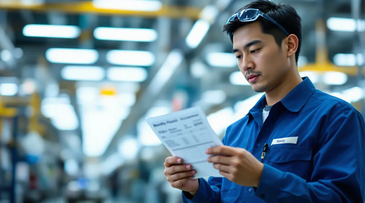 Trabalhador brasileiro descendente de japonês em uniforme industrial verificando holerite em ambiente de fábrica no Japão durante turno noturno