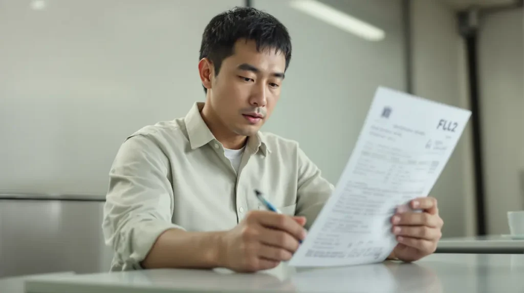 Homem nikkei brasileiro analisando holerite japonês em mesa de escritório no Japão