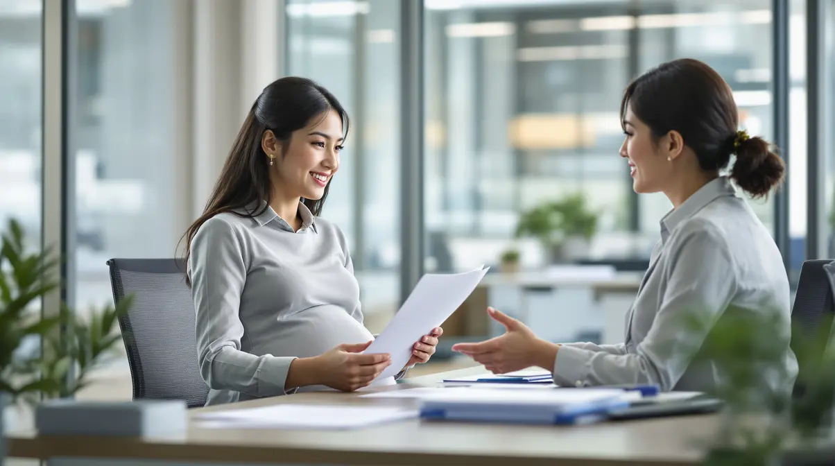 Mulher brasileira nikkei grávida conversando com funcionária de RH em escritório japonês sobre licença maternidade