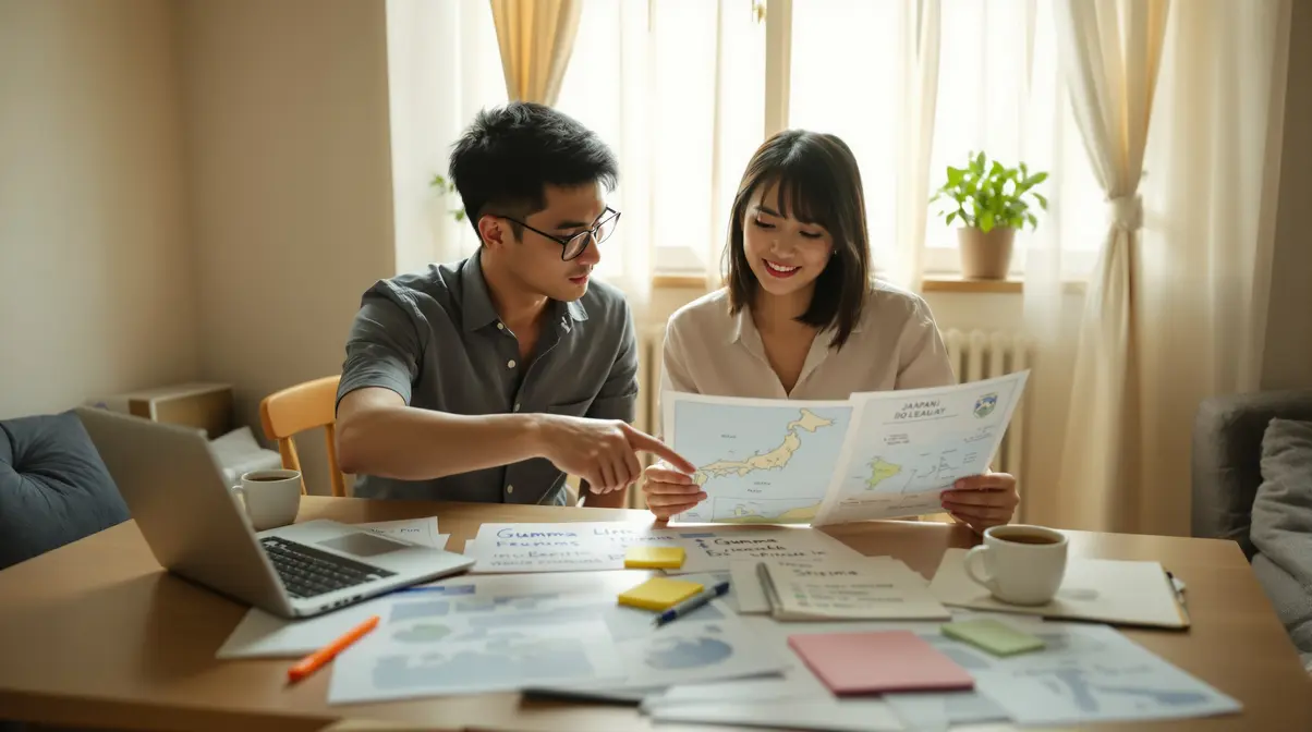 Casal brasileiro descendente de japoneses analisando mapas e documentos de ofertas de trabalho no Japão
