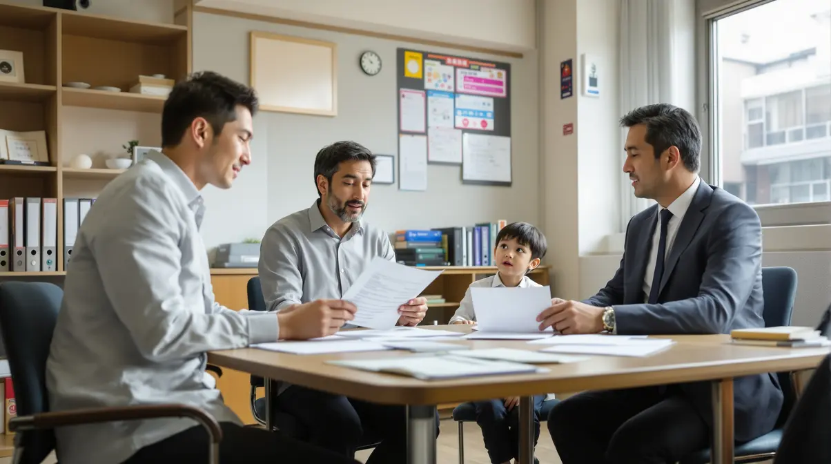 Pai nikkei brasileiro em entrevista com diretor de escola pública japonesa para matrícula de filho