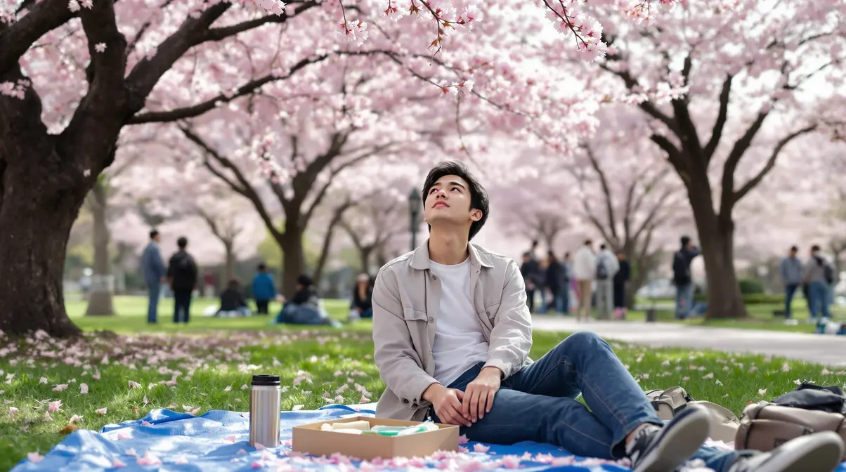 Descendente brasileiro nikkei fazendo hanami sob cerejeiras em flor em parque japonês durante a primavera