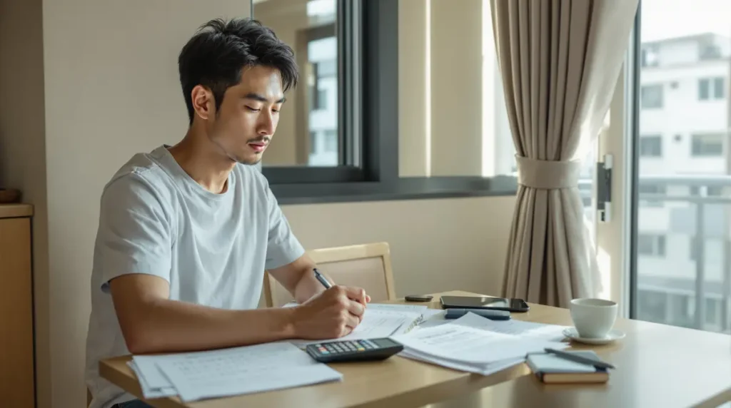 Homem nikkei brasileiro de 28 anos sentado à mesa em apartamento japonês moderno, revisando documentos de contrato e calculando despesas de instalação com calculadora e caderno abertos