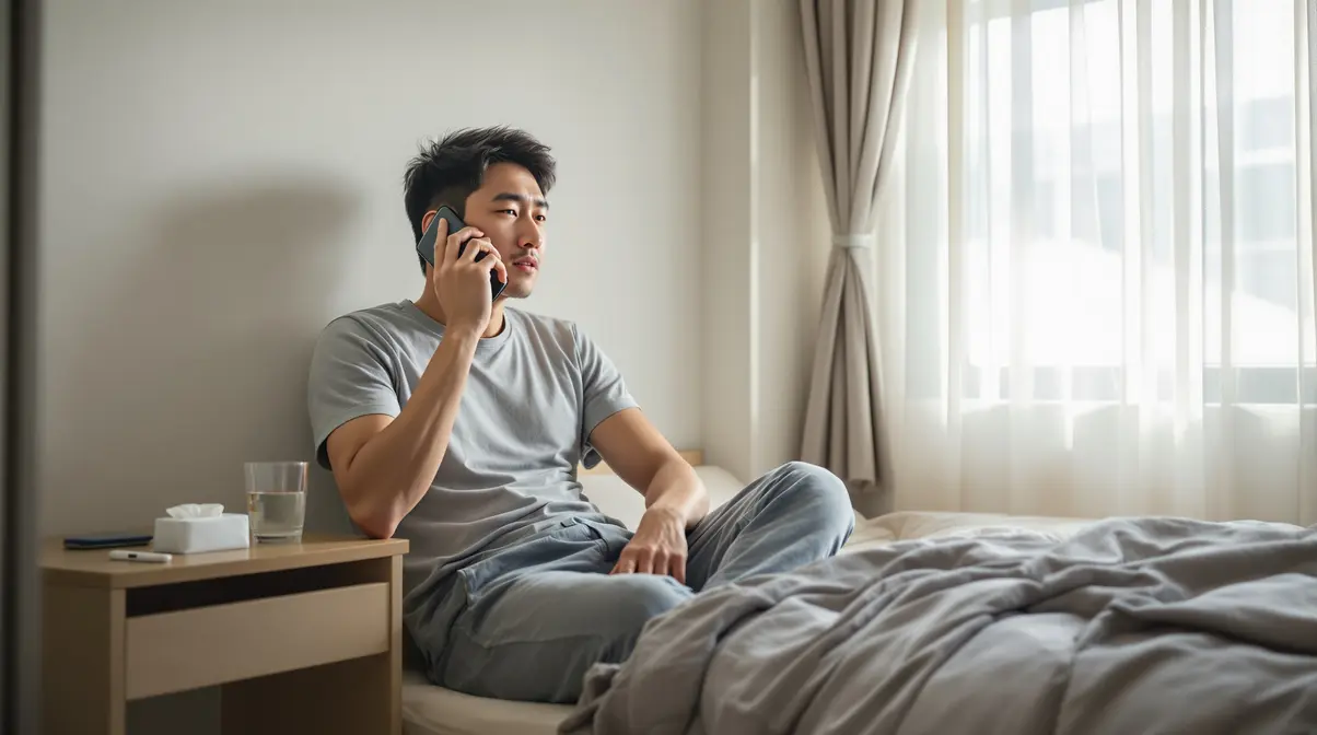 Homem nikkei de 30 anos falando ao telefone em casa no Japão, comunicando falta por doença à empresa