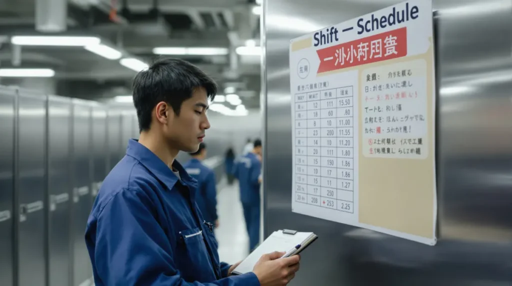 Trabalhador nikkei brasileiro de aproximadamente 28 anos consultando escala mensal de turnos fixada em quadro de avisos dentro de vestiário de fábrica japonesa