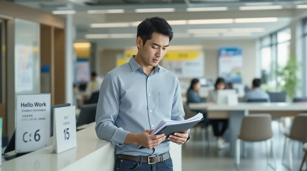 Homem nikkei brasileiro de cerca de 30 anos em balcão de atendimento do Hello Work no Japão, segurando documentos de seguro desemprego