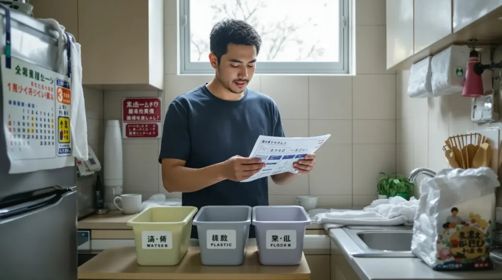 Homem nikkei brasileiro separando embalagens recicláveis em lixeiras organizadas na cozinha de apartamento japonês