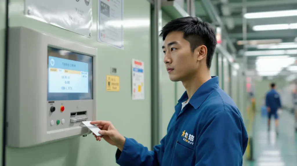 Trabalhador nikkei brasileiro usando terminal de ponto eletrônico com cartão IC em fábrica no Japão
