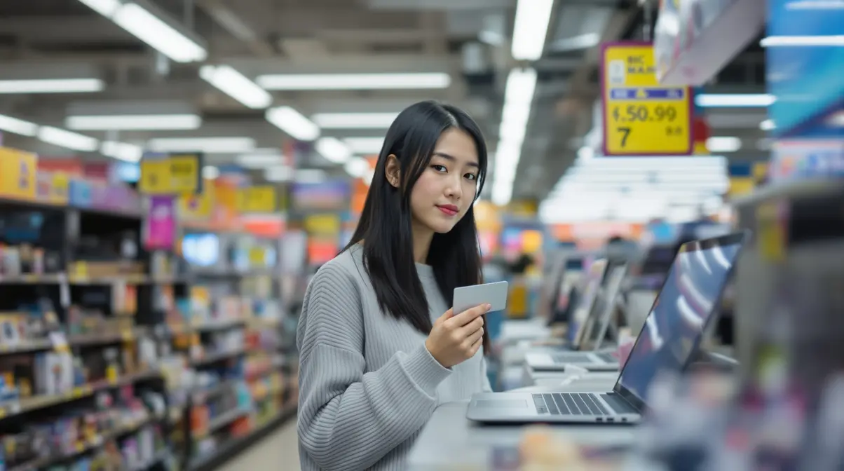 Mulher brasileira descendente de japoneses olhando produtos eletrônicos em loja no Japão enquanto segura cartão de crédito