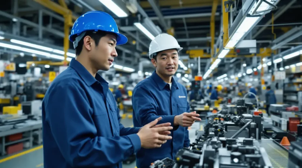Trabalhador nikkei brasileiro observando supervisor japonês demonstrando tarefa em linha de produção de fábrica no Japão