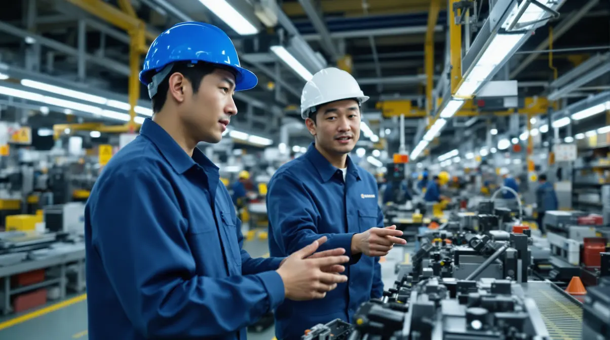 Trabalhador nikkei brasileiro observando supervisor japonês demonstrando tarefa em linha de produção de fábrica no Japão