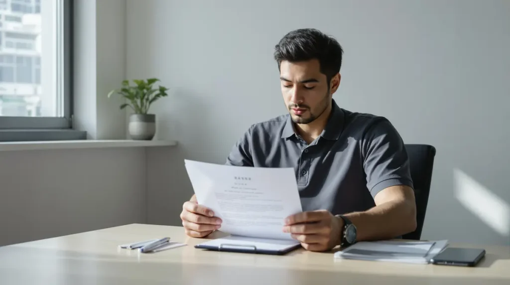 Homem nikkei brasileiro de 30 anos lendo contrato de trabalho em escritório japonês, expressão concentrada e pensativa