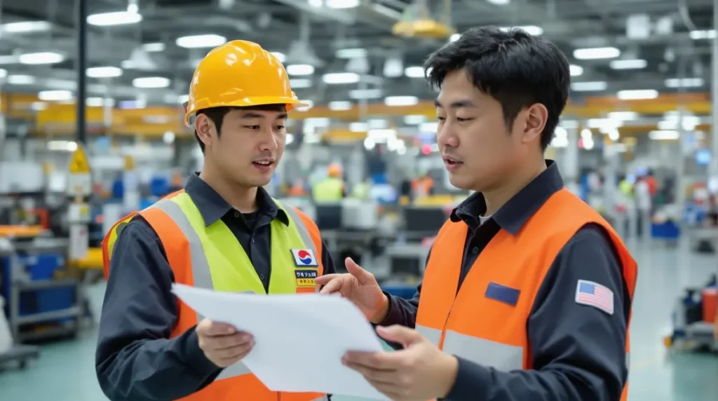 Trabalhador nikkei brasileiro em fábrica japonesa revisando documentos de contrato de trabalho