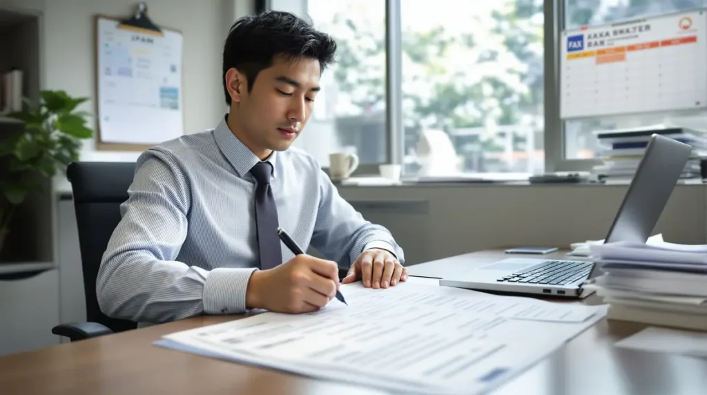 Trabalhador nikkei brasileiro de 30 anos em escritório no Japão preenchendo formulário fiscal de declaração de dependentes em japonês