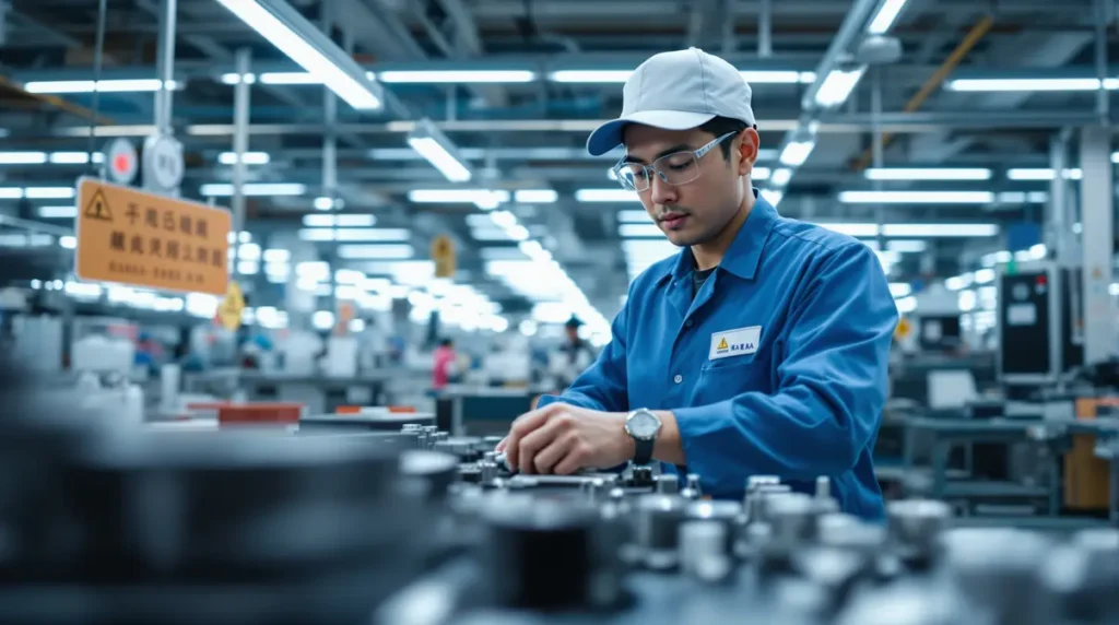 Trabalhador brasileiro descendente de japonês em linha de produção industrial no Japão