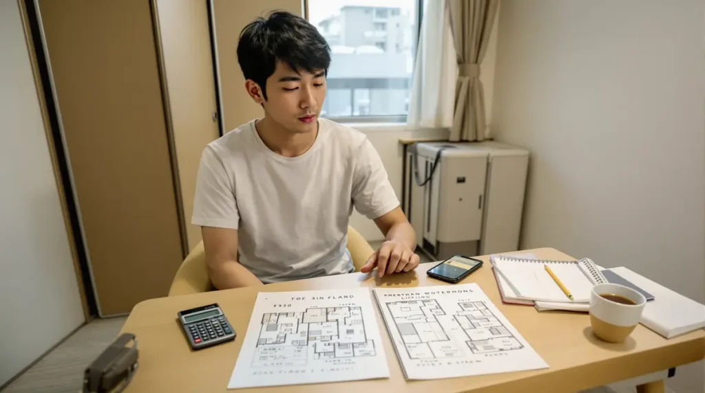 Jovem brasileiro descendente de japonês analisando opções de moradia em apartamento no Japão