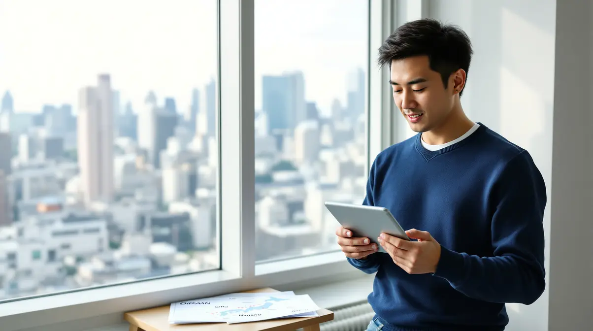Homem nikkei brasileiro segurando tablet comparando informações sobre Gifu e Nagano em ambiente japonês