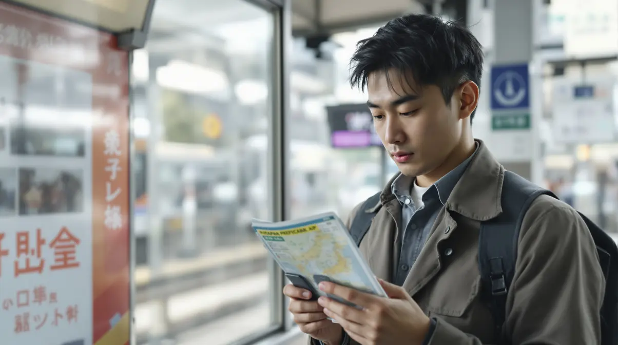 Homem nikkei brasileiro analisando mapa de prefeituras japonesas em ambiente urbano no Japão