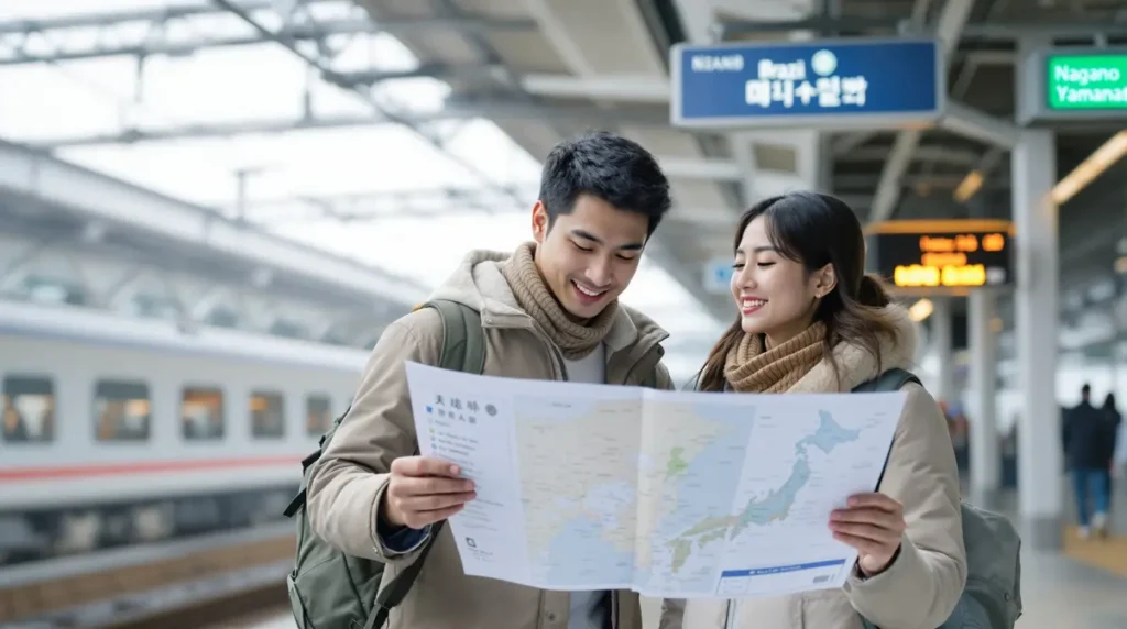 Jovem casal nikkei brasileiro em estação de trem no Japão comparando mapa e documentos de trabalho para decidir entre Nagano e Yamanashi