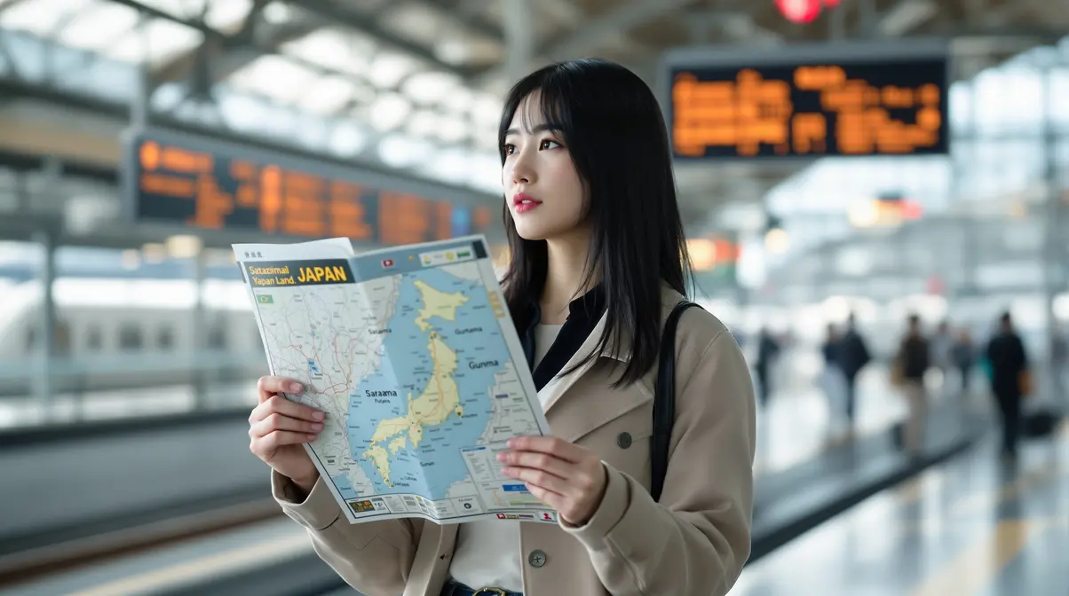Mulher nikkei brasileira de 28 anos segurando mapa do Japão com Saitama e Gunma destacados, em estação de trem japonesa moderna