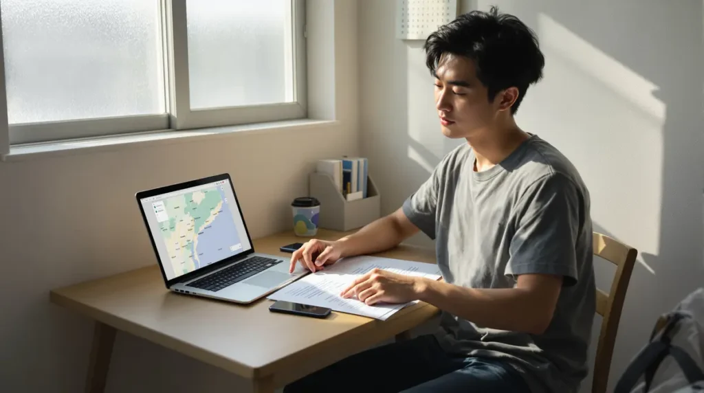 Jovem nikkei brasileiro sentado em apartamento japonês analisando documentos de ofertas de trabalho com mapa da região de Kanto ao fundo
