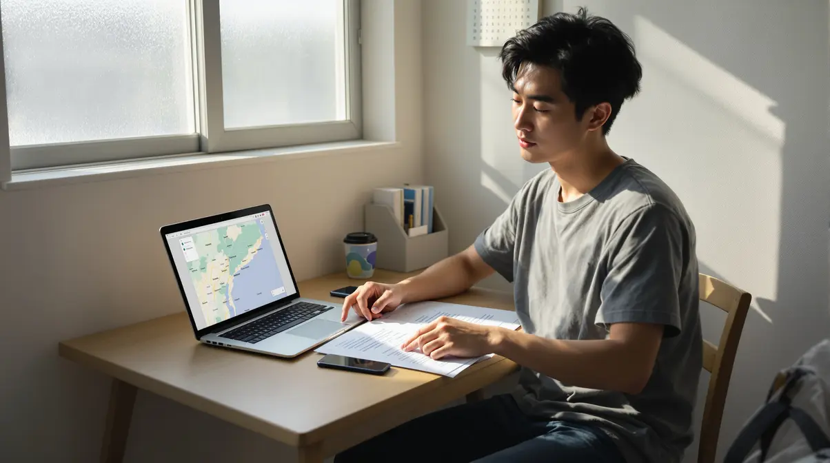 Jovem nikkei brasileiro sentado em apartamento japonês analisando documentos de ofertas de trabalho com mapa da região de Kanto ao fundo