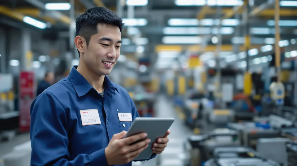 Trabalhador nikkei brasileiro em uniforme de fábrica japonesa consultando calendário de folgas em tablet, com fábrica ao fundo