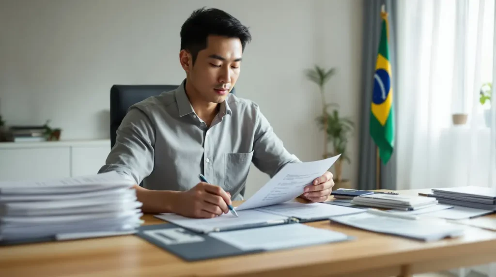 Jovem brasileiro nikkei organizando documentos de viagem e trabalho em mesa, com passaporte, papéis traduzidos e pastas, preparando-se para embarcar ao Japão pela primeira vez