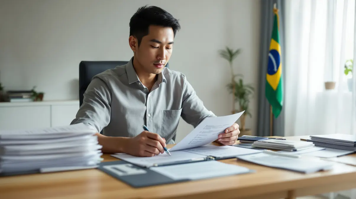 Jovem brasileiro nikkei organizando documentos de viagem e trabalho em mesa, com passaporte, papéis traduzidos e pastas, preparando-se para embarcar ao Japão pela primeira vez