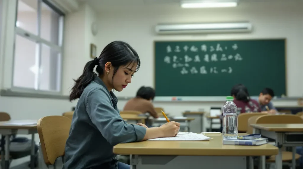 Mulher nikkei brasileira estudando japonês em sala de aula comunitária no Japão após o trabalho