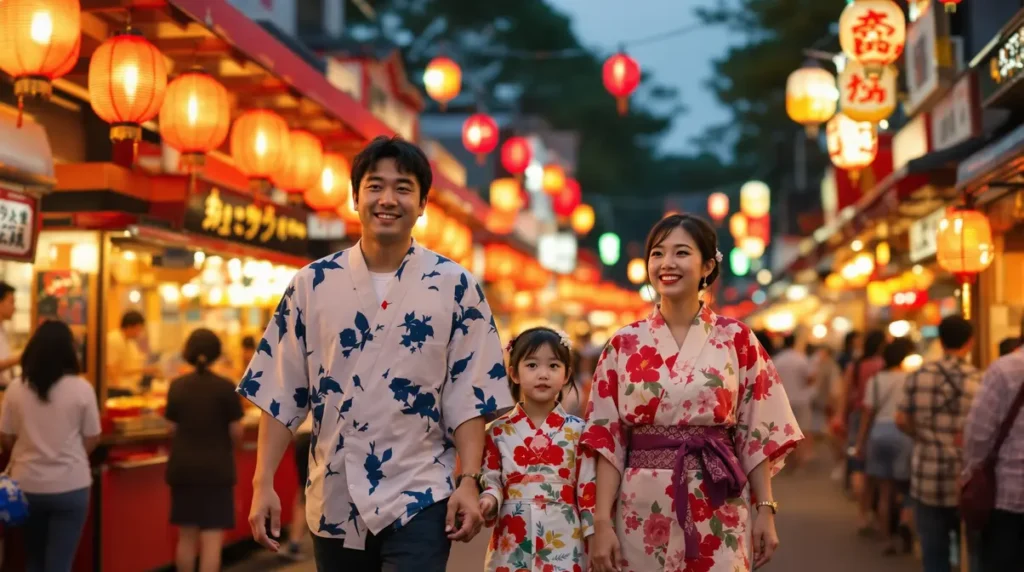 Família brasileira nikkei com yukata participando de matsuri de verão no Japão, caminhando entre yatai iluminados à noite