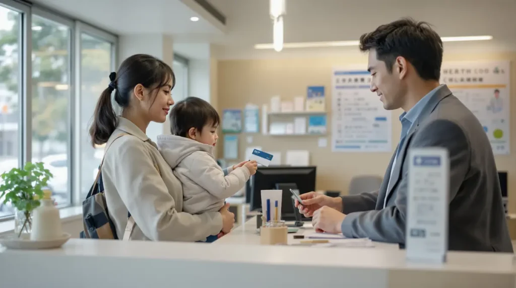 Mãe nikkei brasileira segurando filho pequeno em recepção de clínica médica no Japão, com cartão de seguro de saúde em mãos