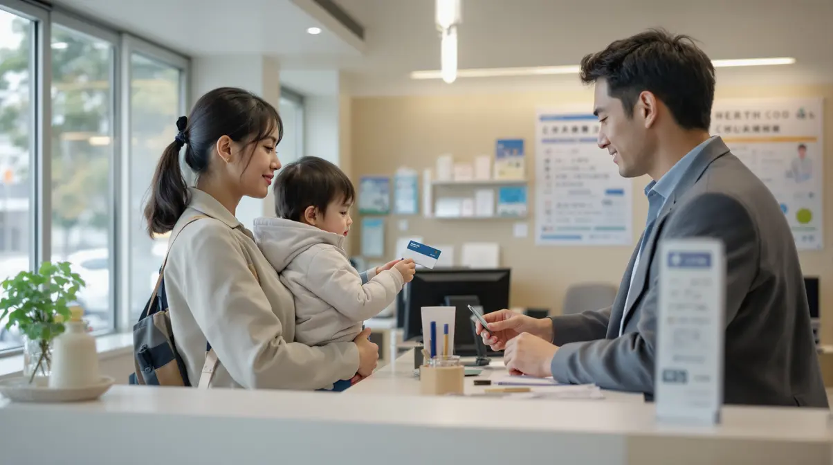 Mãe nikkei brasileira segurando filho pequeno em recepção de clínica médica no Japão, com cartão de seguro de saúde em mãos