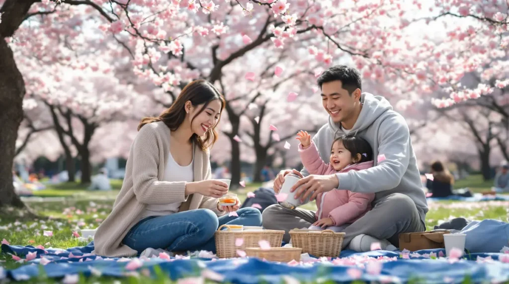 Família brasileira descendente de japoneses fazendo piquenique embaixo de cerejeiras em flor durante festival de hanami na primavera japonesa