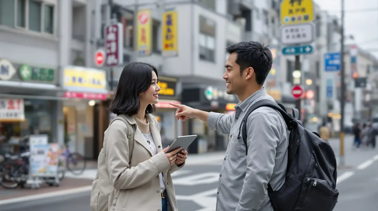 Casal nikkei brasileiro de mãos dadas em rua comercial de Fukuoka olhando mapa da região de Kyushu