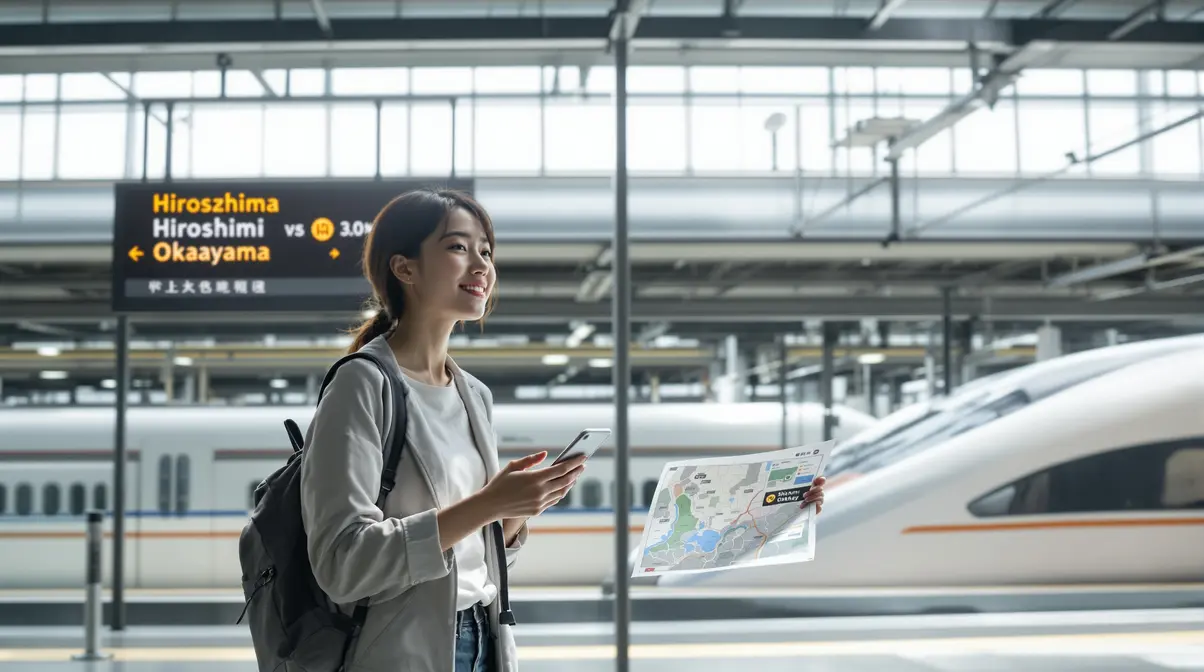 Mulher nikkei brasileira de 28 anos consultando mapa e informações sobre Hiroshima e Okayama em estação de trem no Japão