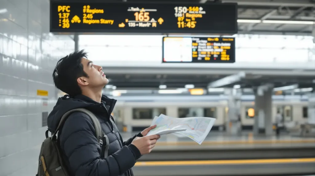 Homem nikkei brasileiro de 28 anos em estação de trem em Kansai segurando mapa e olhando tabuleiro de horários