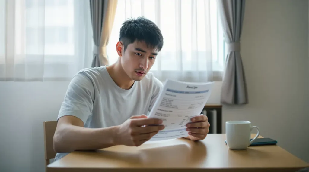 Jovem descendente de japonês analisa o holerite de trabalho no Japão sentado à mesa em apartamento