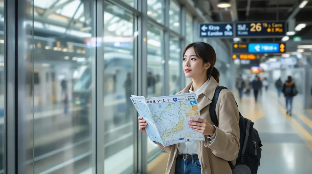 Mulher nikkei brasileira em estação de trem entre Kyoto e Shiga segurando mapa do Japão e decidindo qual província escolher para trabalhar