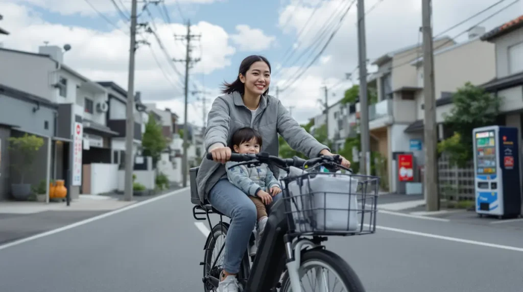 Mãe brasileira descendente de japoneses pedalando bicicleta elétrica com cadeirinha infantil em rua residencial japonesa