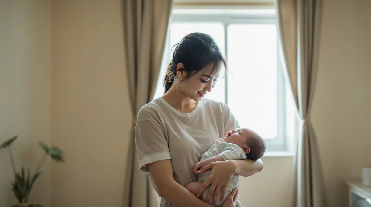 Mãe nikkei brasileira segurando bebê pequeno em apartamento modesto no Japão, janela com luz natural ao fundo
